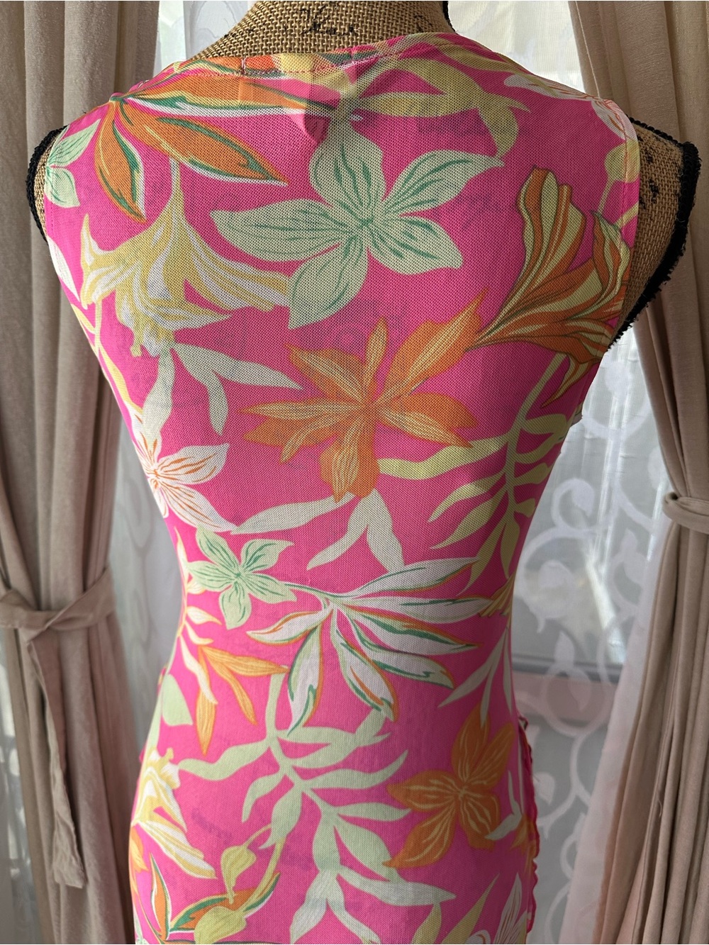 Derek Heart Pink Tropical Floral Swim Cover Up Dress Sz Small Side Tie Slits - Picture 6 of 8